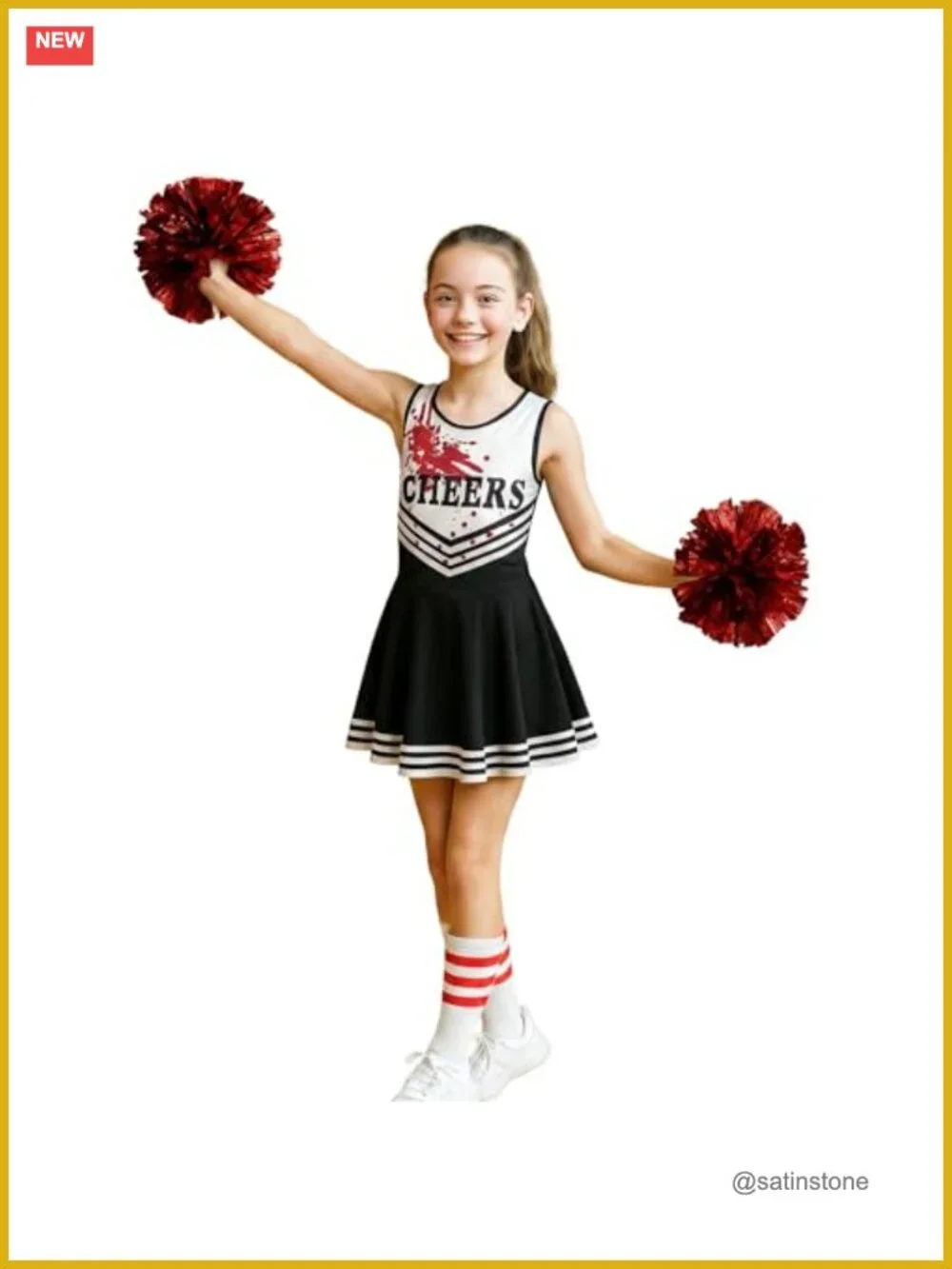 Girls Cheerleader Costume Set - Tank, Skirt, Pom Poms & Socks - Kids Athletic